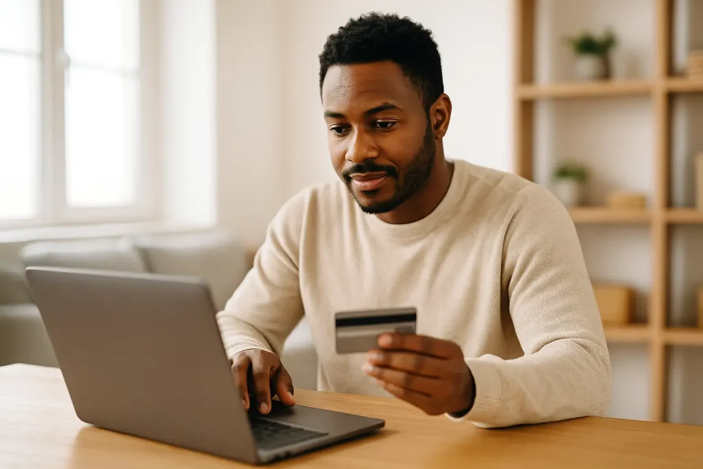 Consumidor concentrado utilizando laptop e cartão em casa para simular contratação de Empréstimo via Open Finance de forma digital.