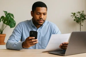 Pessoa jovem usando notebook e celular em ambiente moderno, representando contratação de Empréstimo via Open Finance em 2025.