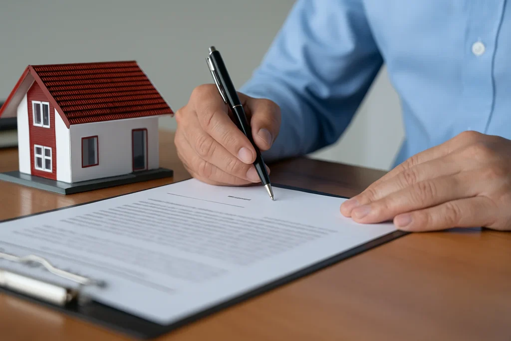 Mão segurando caneta prestes a assinar contrato de empréstimo com garantia de imóvel, ao lado de miniatura de casa sobre mesa.
