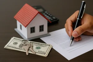 Miniatura de casa com telhado vermelho, chaves sobre notas de dólar e mão assinando documento de contrato de empréstimo com garantia de imóvel.