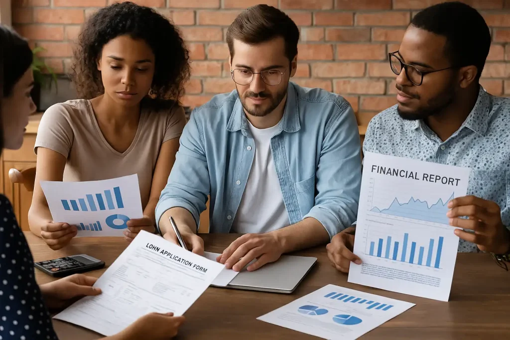 Grupo de empreendedores avaliando relatórios financeiros em reunião, simbolizando empréstimos coletivos como forma de financiamento.