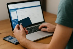 “Pessoa usando notebook e segurando um cartão de crédito, representando a solicitação de cartão de crédito com função empréstimo online.”