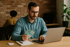 “Homem autônomo usando notebook e segurando dinheiro, simbolizando acesso facilitado às linhas de crédito para autônomos e freelancers.”