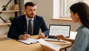 “Homem e consultora analisando contrato em notebook, representando estratégias para renegociar seu empréstimo sem cair em novas dívidas.”