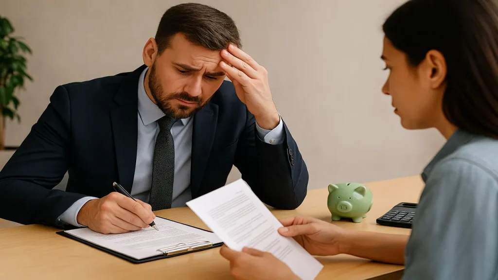 “Pessoa preocupada revisando documentos financeiros com consultor, simbolizando a importância de renegociar seu empréstimo sem cair em novas dívidas.”