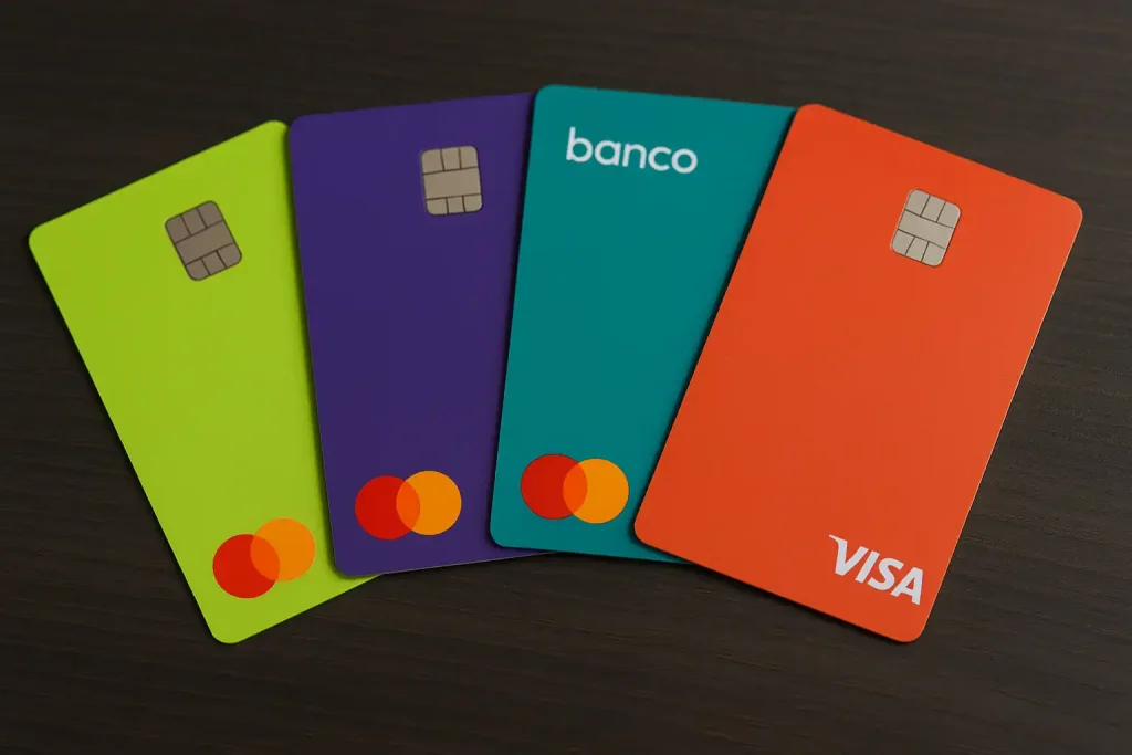 Vários cartões de crédito flexíveis coloridos dispostos sobre uma mesa de madeira