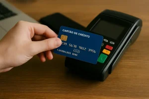 Pessoa utilizando máquina de pagamento com cartões de crédito flexíveis em um ambiente moderno