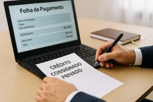 Profissional brasileiro analisando contrato de crédito consignado privado no escritório, com notebook aberto exibindo folha de pagamento e ambiente corporativo iluminado.
