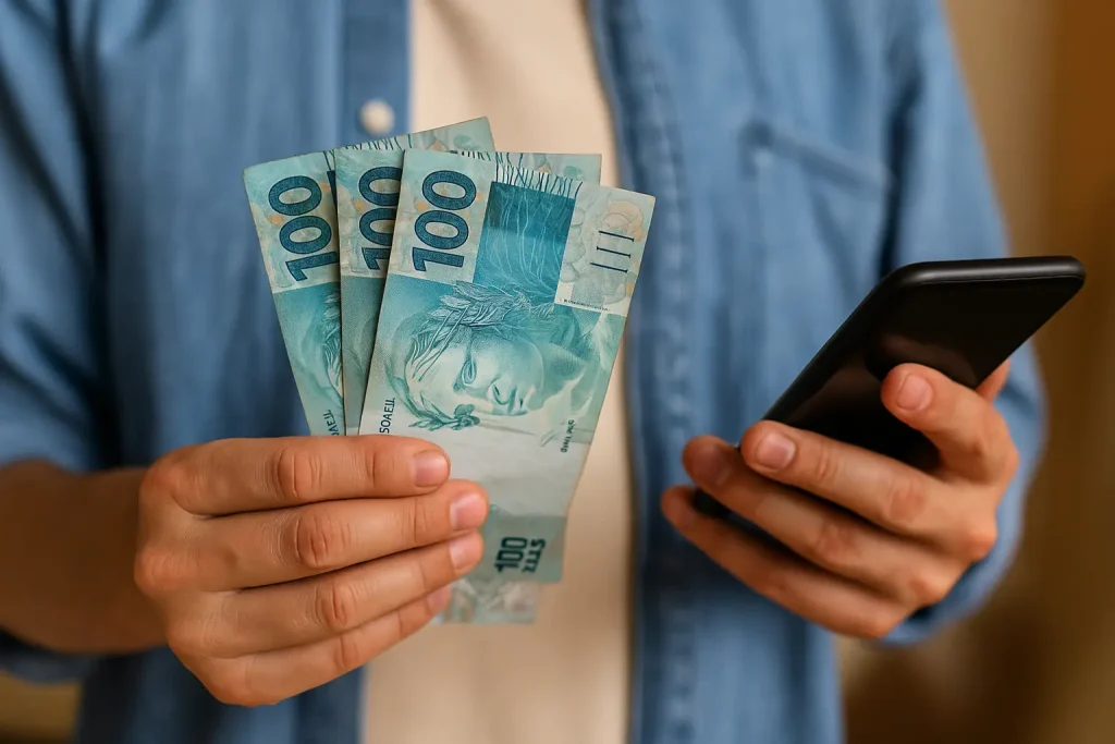 Pessoa segurando notas de 100 reais e smartphone, representando o recebimento de valores após aprovação de crédito consignado privado em plataforma digital.