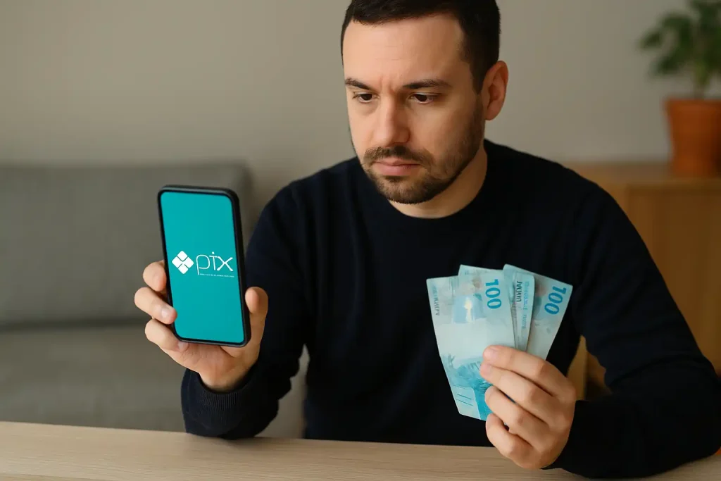 Homem segurando notas de real e celular com tela do Pix após aprovação de empréstimo rápido via Pix