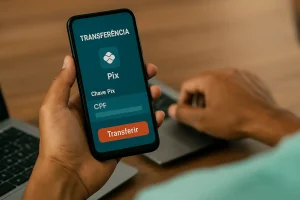Pessoa realizando operação no celular para contratar um empréstimo rápido via Pix