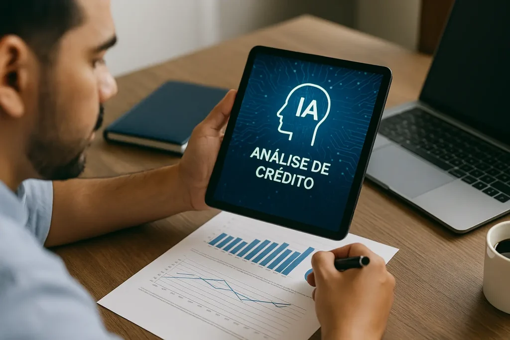 Profissional brasileiro avaliando gráficos financeiros em tablet e laptop, representando o impacto da inteligência artificial na análise de crédito em ambientes corporativos modernos.