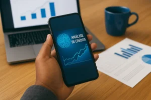 Pessoa segurando smartphone com gráficos de crescimento, simbolizando o impacto da inteligência artificial na análise de crédito e o avanço da tecnologia no setor financeiro.