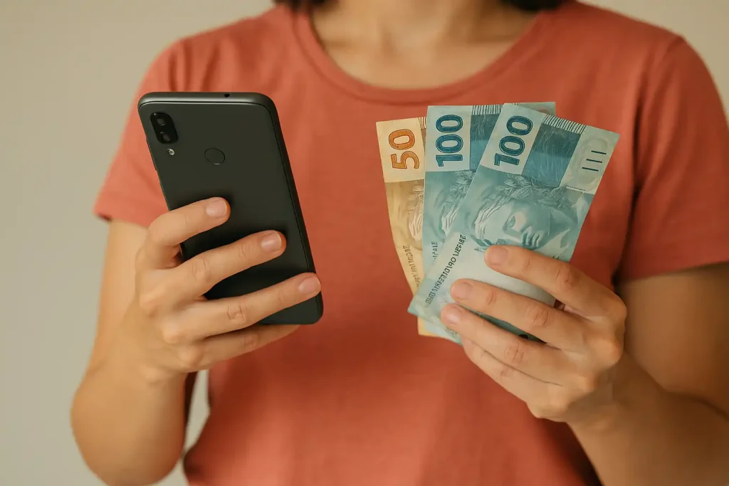 Empreendedora brasileira segurando celular e notas de real após aprovação de microcréditos digitais