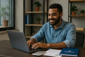 Comerciante em pequeno negócio utilizando tecnologia para acessar microcréditos digitais