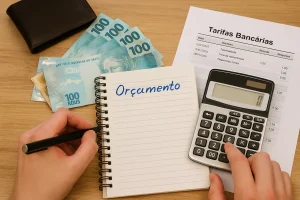 Pessoa calculando contas e despesas domésticas em mesa com dinheiro e calculadora, representando a importância de organizar o orçamento em 2025 diante do aumento das tarifas bancárias.