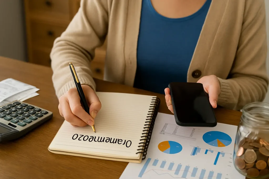 Mulher usando notebook e smartphone para revisar planilhas financeiras e organizar o orçamento em 2025, em ambiente de trabalho iluminado e realista.