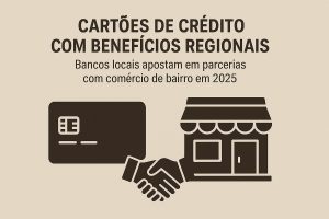 Ilustração monocromática em tons de marrom sobre fundo bege claro. No topo, o texto em destaque diz ‘Cartões de crédito com benefícios regionais’, seguido do subtítulo ‘Bancos locais apostam em parcerias com comércio de bairro em 2025’. Na parte inferior, à esquerda, há o ícone de um cartão de crédito com chip; ao centro, um aperto de mãos simbolizando parceria; à direita, a figura de uma pequena loja de bairro com toldo, janela e porta. A composição visual representa a união entre instituições financeiras locais e comércios comunitários para oferecer vantagens a clientes na própria região.