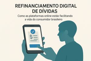 Ilustração sobre refinanciamento digital de dívidas e o uso de plataformas online para facilitar a vida do consumidor brasileiro. A imagem mostra a silhueta de uma pessoa utilizando um smartphone, tocando na tela onde aparece um documento financeiro com símbolo de cifrão e um ícone de confirmação, representando a aprovação ou renegociação de dívidas. No topo, há o texto “Refinanciamento digital de dívidas” e o subtítulo “Como as plataformas online estão facilitando a vida do consumidor brasileiro”. O visual transmite praticidade, tecnologia e autonomia no controle das finanças pessoais.
