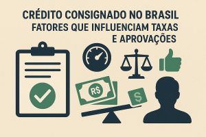 Ilustração informativa sobre crédito consignado no Brasil e os fatores que influenciam taxas de juros e aprovações. A imagem apresenta ícones financeiros, incluindo uma prancheta com símbolo de aprovação, um velocímetro representando taxas, uma balança simbolizando critérios de análise, cédulas de dinheiro com símbolo de real e um ícone de aprovação em formato de polegar para cima. À direita, há a silhueta de uma pessoa, representando o consumidor. No topo, aparece o texto “Crédito consignado no Brasil: fatores que influenciam taxas e aprovações”. O visual comunica avaliação de crédito, equilíbrio financeiro e processos de concessão de empréstimos.