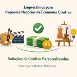 Ilustração sobre empréstimos para pequenos negócios de economia criativa, mostrando ícones representativos de atividades artísticas e criativas, como uma paleta de pintura, um claquete de cinema, um violão e um vestido em um cavalete. No centro, aparecem maços de dinheiro em reais com um símbolo de aprovação, representando crédito liberado. Uma lâmpada simboliza ideias e inovação, enquanto o texto destaca soluções de crédito personalizadas para empreendedores brasileiros.
