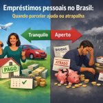 Ilustração dividida em dois cenários sobre empréstimos pessoais no Brasil. À esquerda, um ambiente claro e positivo mostra uma mulher sorridente segurando sacolas de compras, com uma casa marcada como “pago”, um carro, dinheiro empilhado, calendário com check verde e um avião ao fundo, simbolizando tranquilidade financeira e controle das parcelas. À direita, um cenário escuro e chuvoso retrata um homem sentado com expressão de preocupação, cercado por contas, cartões, moedas espalhadas, um cofre em forma de porco quebrado e avisos de “dívidas” e “atraso”, representando aperto financeiro e endividamento. Setas indicam a transição entre equilíbrio e dificuldade no uso do crédito.