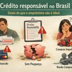 Ilustração sobre crédito responsável no Brasil mostrando sinais de que um empréstimo não é ideal. A cena inclui personagens ilustrados demonstrando preocupação financeira, com elementos visuais como contas atrasadas marcadas como “atrasado”, lista de dívidas acumuladas com símbolo de alerta, cartão de crédito estourado, cofre de porquinho quebrado representando ausência de poupança, compras impulsivas sinalizadas com um X vermelho e uma figura segurando uma casa acorrentada simbolizando renda comprometida. O título “Crédito responsável no Brasil” aparece no topo, reforçando o tema de educação financeira.