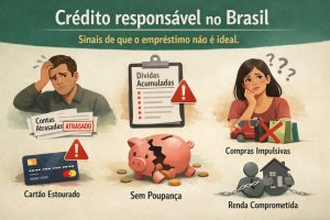 Ilustração sobre crédito responsável no Brasil mostrando sinais de que um empréstimo não é ideal. A cena inclui personagens ilustrados demonstrando preocupação financeira, com elementos visuais como contas atrasadas marcadas como “atrasado”, lista de dívidas acumuladas com símbolo de alerta, cartão de crédito estourado, cofre de porquinho quebrado representando ausência de poupança, compras impulsivas sinalizadas com um X vermelho e uma figura segurando uma casa acorrentada simbolizando renda comprometida. O título “Crédito responsável no Brasil” aparece no topo, reforçando o tema de educação financeira.