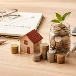 Imagem que representa planejamento financeiro de longo prazo, com uma pequena casa de madeira cercada por pilhas de moedas e um pote de vidro cheio de moedas com uma planta crescendo no topo, simbolizando crescimento patrimonial. Ao fundo, há um caderno aberto com a frase “plano de longo prazo”, uma caneta, óculos, uma calculadora e chaves, reforçando a ideia de organização financeira, tomada de decisões conscientes e relação entre empréstimos, investimentos e construção de patrimônio.