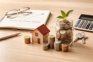 Imagem que representa planejamento financeiro de longo prazo, com uma pequena casa de madeira cercada por pilhas de moedas e um pote de vidro cheio de moedas com uma planta crescendo no topo, simbolizando crescimento patrimonial. Ao fundo, há um caderno aberto com a frase “plano de longo prazo”, uma caneta, óculos, uma calculadora e chaves, reforçando a ideia de organização financeira, tomada de decisões conscientes e relação entre empréstimos, investimentos e construção de patrimônio.