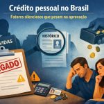 Ilustração sobre crédito pessoal no Brasil, destacando fatores silenciosos que influenciam a aprovação de empréstimos. A cena mostra um casal preocupado analisando sua situação financeira, com documentos, cartão e calculadora sobre a mesa. Em destaque, um formulário com a palavra “Negado”, referências a dívidas, histórico de crédito ampliado por uma lupa e moedas sendo entregues por uma mão, simbolizando análise de risco, score de crédito, endividamento e critérios utilizados pelas instituições financeiras na concessão de crédito.