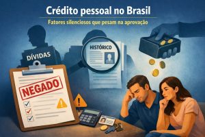 Ilustração sobre crédito pessoal no Brasil, destacando fatores silenciosos que influenciam a aprovação de empréstimos. A cena mostra um casal preocupado analisando sua situação financeira, com documentos, cartão e calculadora sobre a mesa. Em destaque, um formulário com a palavra “Negado”, referências a dívidas, histórico de crédito ampliado por uma lupa e moedas sendo entregues por uma mão, simbolizando análise de risco, score de crédito, endividamento e critérios utilizados pelas instituições financeiras na concessão de crédito.