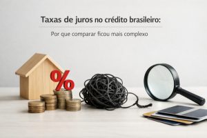 Imagem ilustrativa sobre taxas de juros no crédito brasileiro, destacando a complexidade na comparação entre diferentes ofertas. A cena apresenta uma casa de madeira ao lado de pilhas de moedas com o símbolo de porcentagem, representando financiamentos e juros. Um novelo de fios simboliza a confusão e a burocracia envolvidas, enquanto uma lupa e cartões de crédito indicam análise detalhada, comparação de condições e avaliação de custos financeiros no mercado de crédito no Brasil.