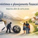 Ilustração conceitual dividida em dois cenários contrastantes sobre empréstimos e planejamento financeiro. À esquerda, um ambiente industrial poluído com fábricas soltando fumaça ao fundo. Em primeiro plano, há uma pilha de moedas, uma calculadora e um contrato com a palavra “Empréstimo” escrita em destaque. Um homem em silhueta escura está acorrentado a uma grande bola preta com o símbolo de porcentagem (%), simbolizando o peso dos juros e do endividamento. À direita, o cenário é claro e ensolarado, com uma estrada que segue em direção ao horizonte sob um nascer do sol. Uma família composta por um homem, uma mulher e uma criança está abraçada de costas, observando a paisagem. Próximo a eles há uma casa com um relógio grande na fachada, um carro estacionado e uma árvore com um chapéu de formatura pendurado em um galho, representando estabilidade, planejamento de longo prazo, educação e conquistas financeiras.