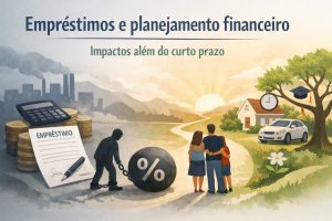 Ilustração conceitual dividida em dois cenários contrastantes sobre empréstimos e planejamento financeiro. À esquerda, um ambiente industrial poluído com fábricas soltando fumaça ao fundo. Em primeiro plano, há uma pilha de moedas, uma calculadora e um contrato com a palavra “Empréstimo” escrita em destaque. Um homem em silhueta escura está acorrentado a uma grande bola preta com o símbolo de porcentagem (%), simbolizando o peso dos juros e do endividamento. À direita, o cenário é claro e ensolarado, com uma estrada que segue em direção ao horizonte sob um nascer do sol. Uma família composta por um homem, uma mulher e uma criança está abraçada de costas, observando a paisagem. Próximo a eles há uma casa com um relógio grande na fachada, um carro estacionado e uma árvore com um chapéu de formatura pendurado em um galho, representando estabilidade, planejamento de longo prazo, educação e conquistas financeiras.