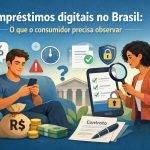 Ilustração sobre empréstimos digitais no Brasil mostrando consumidor usando celular para solicitar crédito online enquanto uma especialista analisa contrato e segurança do aplicativo, com ícones de juros, prazo, verificação e proteção de dados.
