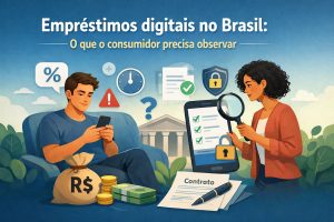 Ilustração sobre empréstimos digitais no Brasil mostrando consumidor usando celular para solicitar crédito online enquanto uma especialista analisa contrato e segurança do aplicativo, com ícones de juros, prazo, verificação e proteção de dados.