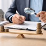 Foto de profissional analisando documentos financeiros com lupa enquanto compara pilhas de moedas em uma balança, representando análise de custos, equilíbrio financeiro, juros e planejamento econômico.