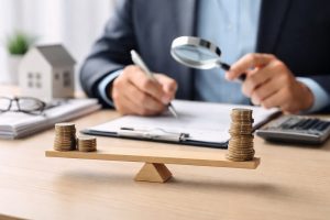 Foto de profissional analisando documentos financeiros com lupa enquanto compara pilhas de moedas em uma balança, representando análise de custos, equilíbrio financeiro, juros e planejamento econômico.