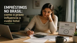 Imagem editorial premium sobre empréstimos no Brasil, mostrando mulher analisando documentos financeiros e calculadora em ambiente moderno, destacando como o prazo influencia o custo total do crédito.