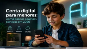 Adolescente utilizando conta digital em smartphone em ambiente moderno, representando como bancos adaptam serviços financeiros para menores em 2026 com foco em segurança, autonomia e educação financeira.