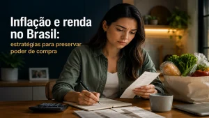 Mulher organizando orçamento doméstico e analisando recibos em cozinha moderna, representando estratégias para preservar o poder de compra diante da inflação e da renda no Brasil.